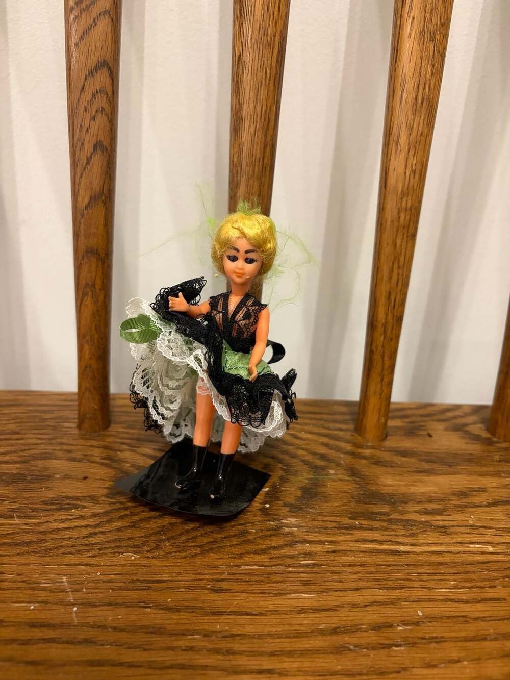 Vintage Can-Can Dancer Souvenir Doll Green Black Lace